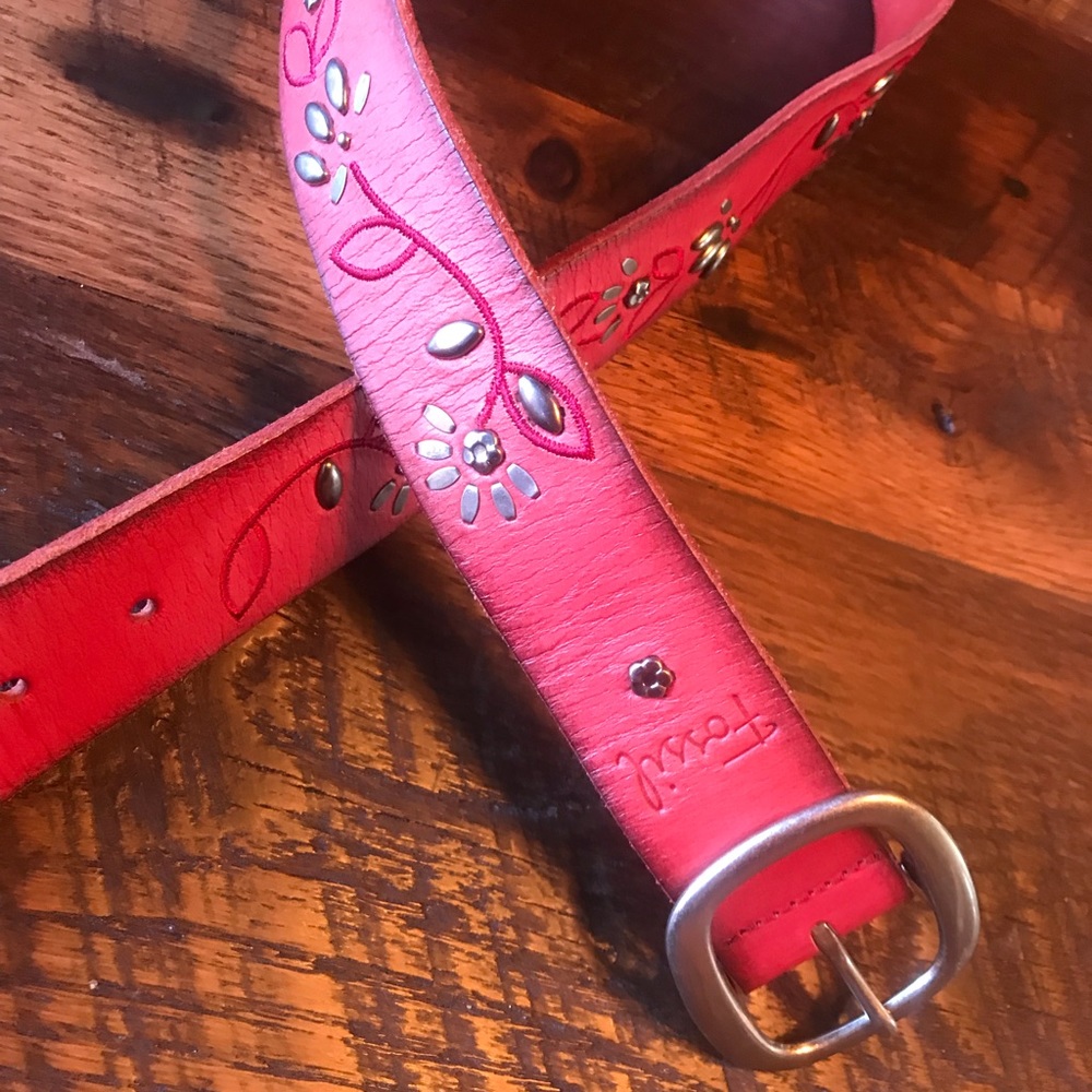 Red Fossil Leather Belt with Silver Embellishments